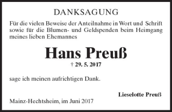Traueranzeige von Hans Preuß von Trauerportal Rhein Main Presse