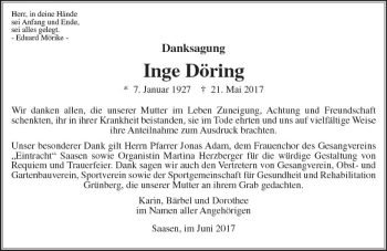 Traueranzeige von Inge Döring von  Gießener Anzeiger