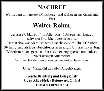 Traueranzeige von Walter Rohm von  Gießener Anzeiger
