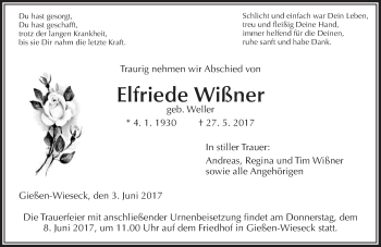 Traueranzeige von Elfriede Wißner von  Gießener Anzeiger