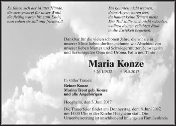 Traueranzeige von Maria Konze von  Kreisanzeiger