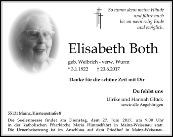 Traueranzeige von Elisabeth Both von Trauerportal Rhein Main Presse