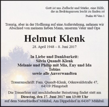 Traueranzeige von Helmut Klenk von Trauerportal Echo Online