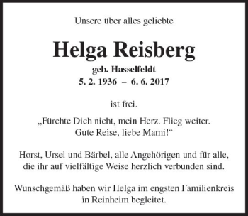 Traueranzeige von Helga Reisberg von Trauerportal Echo Online