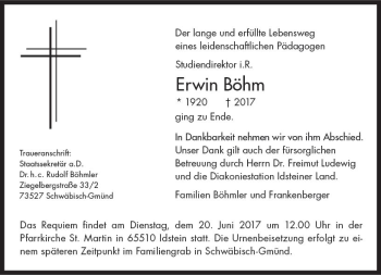 Traueranzeige von Erwin Böhm von Trauerportal Rhein Main Presse
