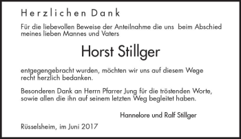 Traueranzeige von Horst Stillger von Trauerportal Rhein Main Presse