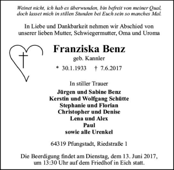 Traueranzeige von Franziska Benz von Trauerportal Echo Online