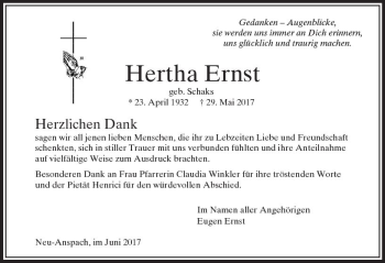 Traueranzeige von Hertha Ernst von  Usinger Anzeiger