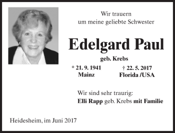Traueranzeige von Edelgard Paul von Trauerportal Rhein Main Presse