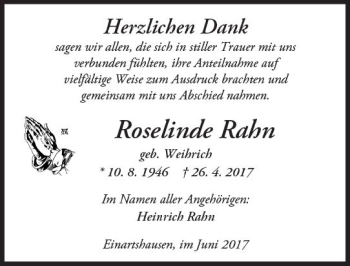 Traueranzeige von Roselinde Rahn von  Kreisanzeiger