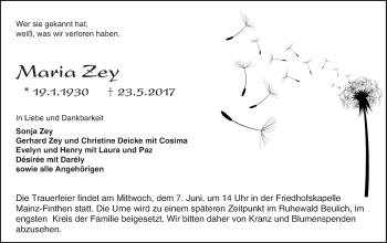 Traueranzeige von Maria Zey von Trauerportal Rhein Main Presse
