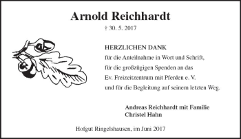 Traueranzeige von Arnold Reichhardt von  Kreisanzeiger