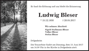 Traueranzeige von Ludwig Bleser von Trauerportal Rhein Main Presse