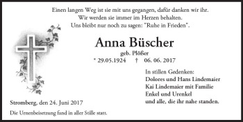 Traueranzeige von Anna Büscher von Trauerportal Echo Online