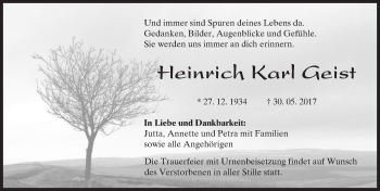 Traueranzeige von Heinrich Karl Geist von Trauerportal Echo Online