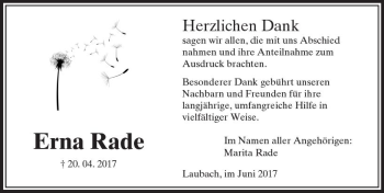 Traueranzeige von Erna Rade von  Usinger Anzeiger