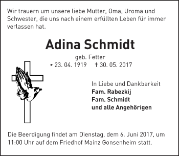 Traueranzeige von Adina Schmidt von Trauerportal Rhein Main Presse