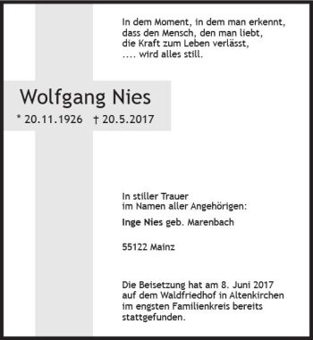 Traueranzeige von Wolfgang Nies von Trauerportal Rhein Main Presse