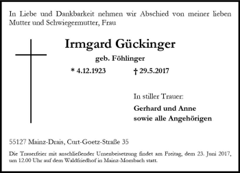 Traueranzeige von Irmgard Gückinger von Trauerportal Rhein Main Presse