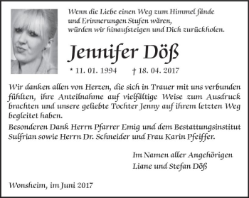 Traueranzeige von Jennifer Döß von Trauerportal Rhein Main Presse