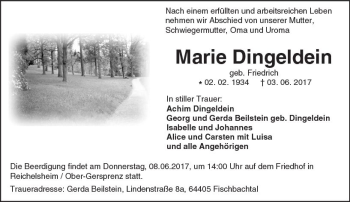 Traueranzeige von Marie Dingeldein von Trauerportal Echo Online
