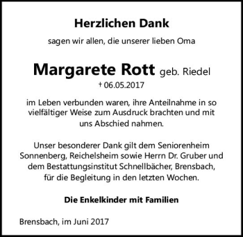 Traueranzeige von Margarete Rott von Trauerportal Echo Online