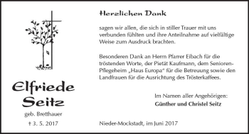 Traueranzeige von Elfriede Seitz von  Kreisanzeiger