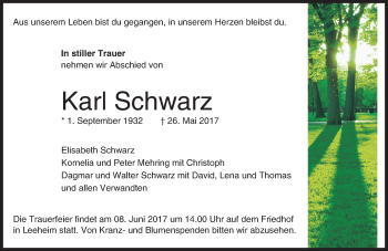 Traueranzeige von Karl Schwarz von Trauerportal Echo Online
