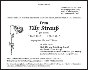 Traueranzeige von Elly Strauß von Trauerportal Rhein Main Presse