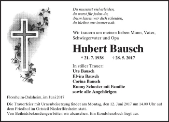 Traueranzeige von Hubert Bausch von Trauerportal Rhein Main Presse