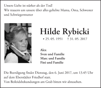 Traueranzeige von Hilde Rybicki von Trauerportal Echo Online