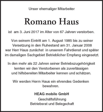 Traueranzeige von Romano Haus von Trauerportal Echo Online