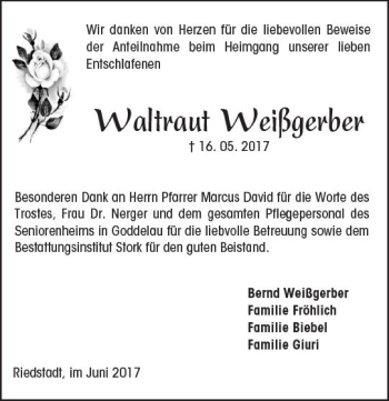 Traueranzeige von Waltraut Weißgerber von Trauerportal Echo Online