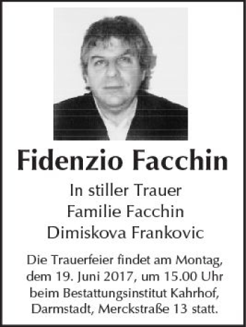 Traueranzeige von Fidenzio Facchin von Trauerportal Echo Online