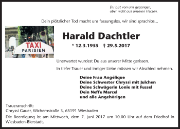Traueranzeige von Harald Dachtler von Trauerportal Rhein Main Presse