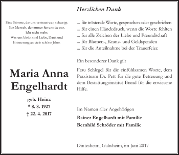 Traueranzeige von Maria Anna Engelhardt von Trauerportal Rhein Main Presse