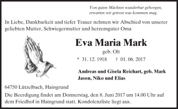 Traueranzeige von Eva Maria Mark von Trauerportal Echo Online