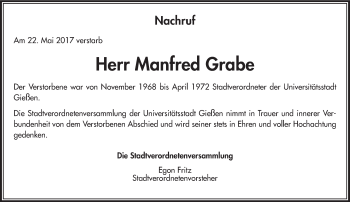Traueranzeige von Manfred Grabe von  Gießener Anzeiger