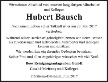 Traueranzeige von Hubert Bausch von Trauerportal Rhein Main Presse