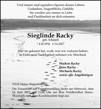 Traueranzeige von Sieglinde Racky von Trauerportal Rhein Main Presse