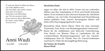 Traueranzeige von Anni Wudi von Trauerportal Rhein Main Presse