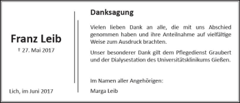 Traueranzeige von Franz Leib von  Gießener Anzeiger