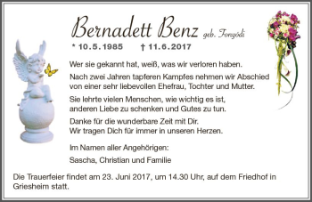 Traueranzeige von Bernadett Benz von Trauerportal Echo Online