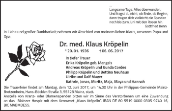Traueranzeige von Klaus Kröpelin von Trauerportal Rhein Main Presse