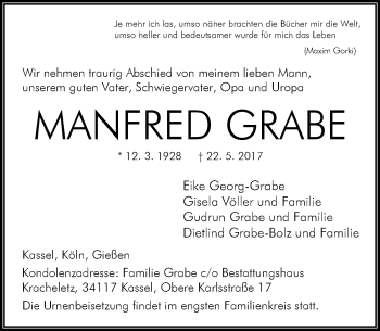 Traueranzeige von Manfred Grabe von  Gießener Anzeiger