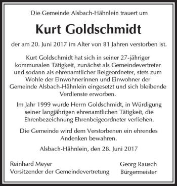 Traueranzeige von Kurt Goldschmidt von Trauerportal Echo Online