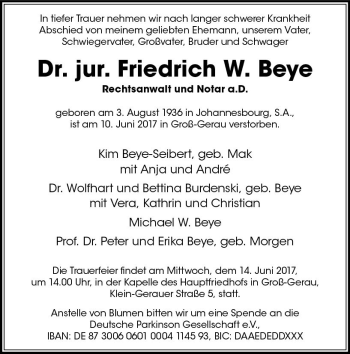 Traueranzeige von Friedrich W. Beye von Trauerportal Echo Online