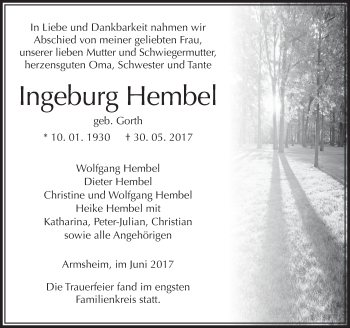 Traueranzeige von Ingeburg Hembel von Trauerportal Rhein Main Presse