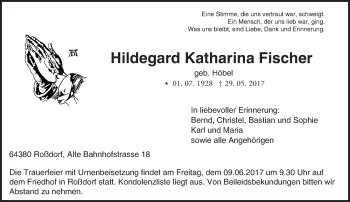 Traueranzeige von Hildegard Katharina Fischer von Trauerportal Echo Online