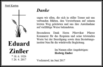 Traueranzeige von Eduard Zinßer von VRM Trauer